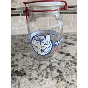 Vintage Pillsbury Doughboy 8"Anchor Hocking Jar Poppin Fresh Clamp Lid Canister